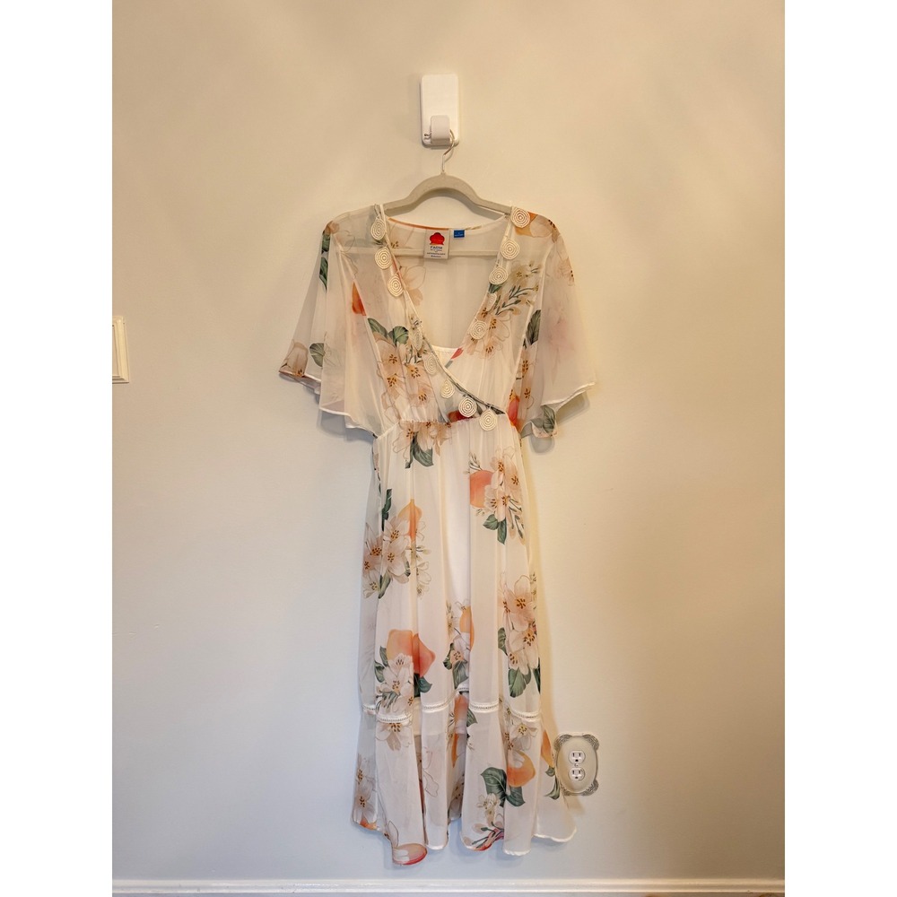Farm Rio x Anthropologie Eloisa Peach Floral Midi Dress Flutter Sleeve White Sm - Picture 5 of 9